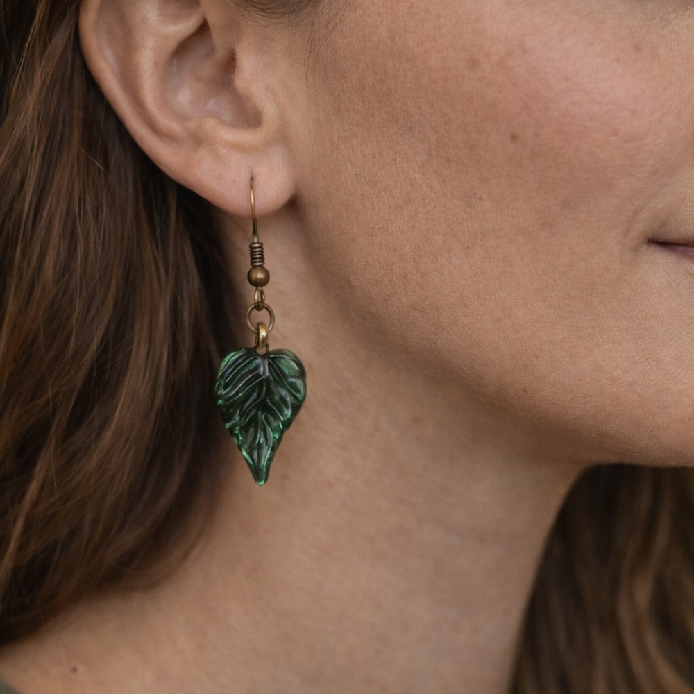 Handmade Green Glass Leaf Earrings – Nature Inspired Boho Dangles